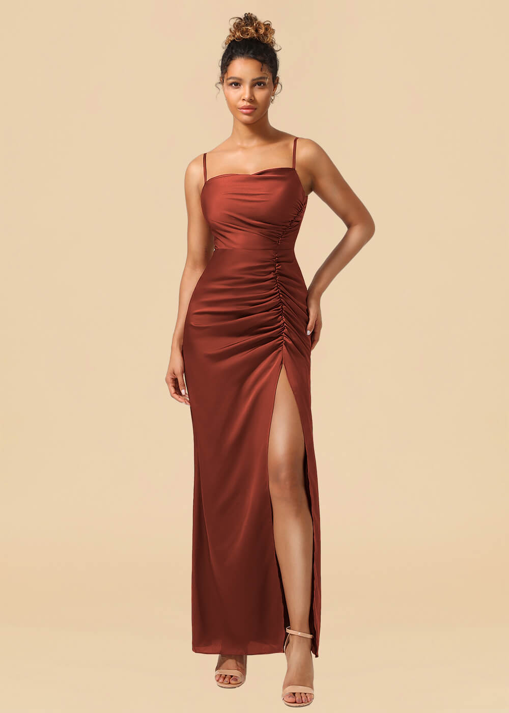Sheath Satin Pleated Adjustable Spaghatti Strap Maxi Bridesmaid Dress
