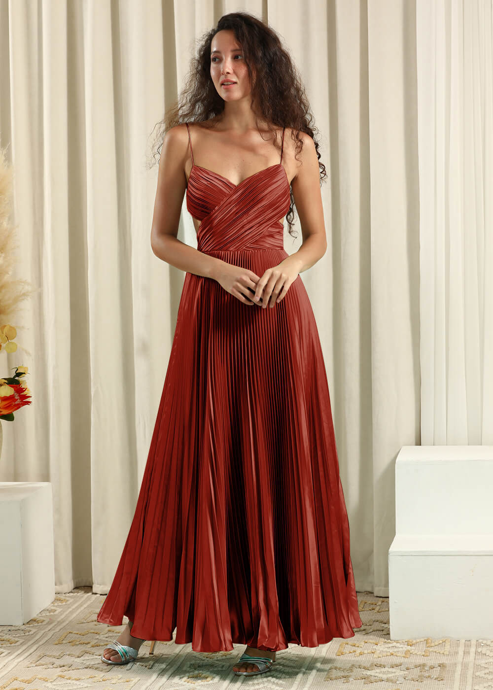 Pleated Satin V-neck Spaghetti Strap A-line Bridesmaid Dress