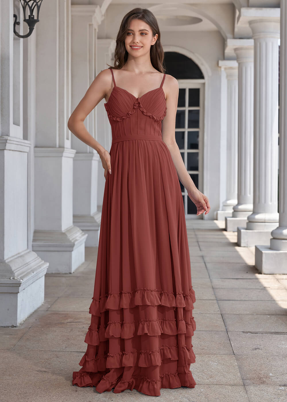 V-neck Open Back A-line Ruffles Chiffon Floor Length Bridesmaid Dress