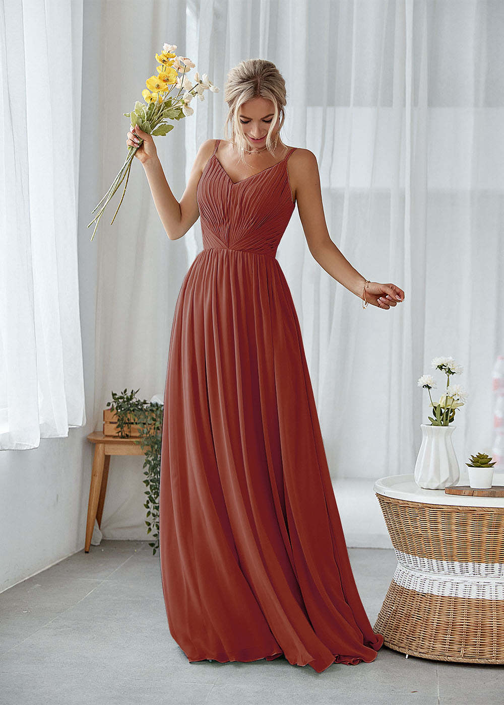 A-line V-neck Pleated Bridesmaid Dress