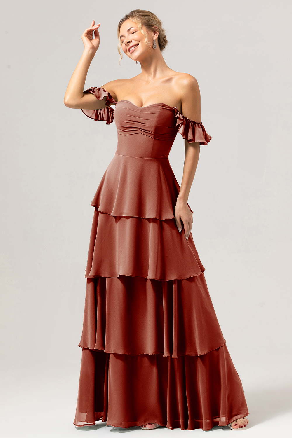 Eucalyptus Off the Shoulder Sweetheart Tiered A-Line Bridesmaid Dress
