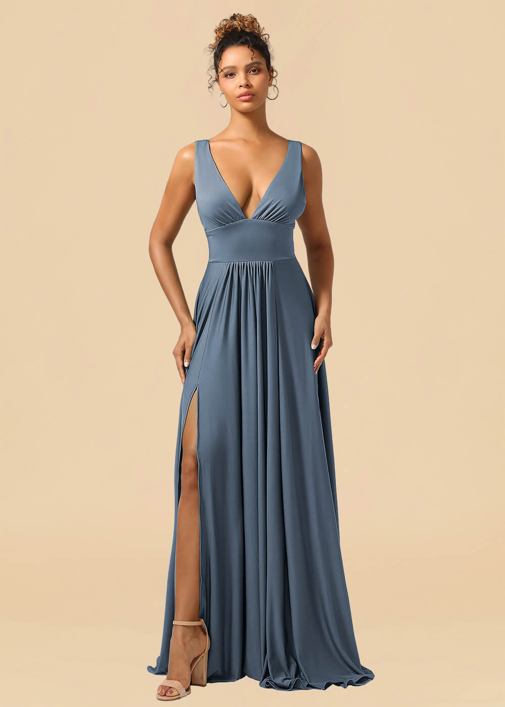 Deep V-neck Spandex A-line Maxi Bridesmaid Dress with Slit