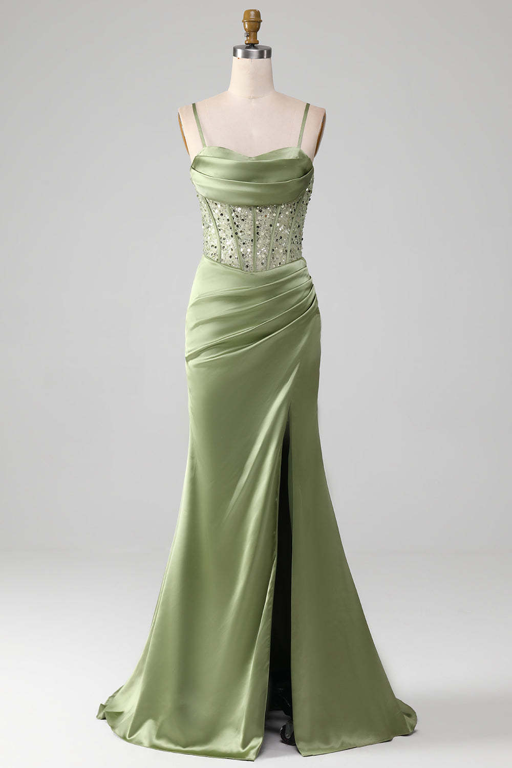 Leely Women Corset Prom Dress Mermaid Spaghetti Straps Sage Formal Dress with Split Front