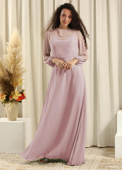 Long Sleeve A-line Chiffon Keyhole Back Bridesmaid Dress