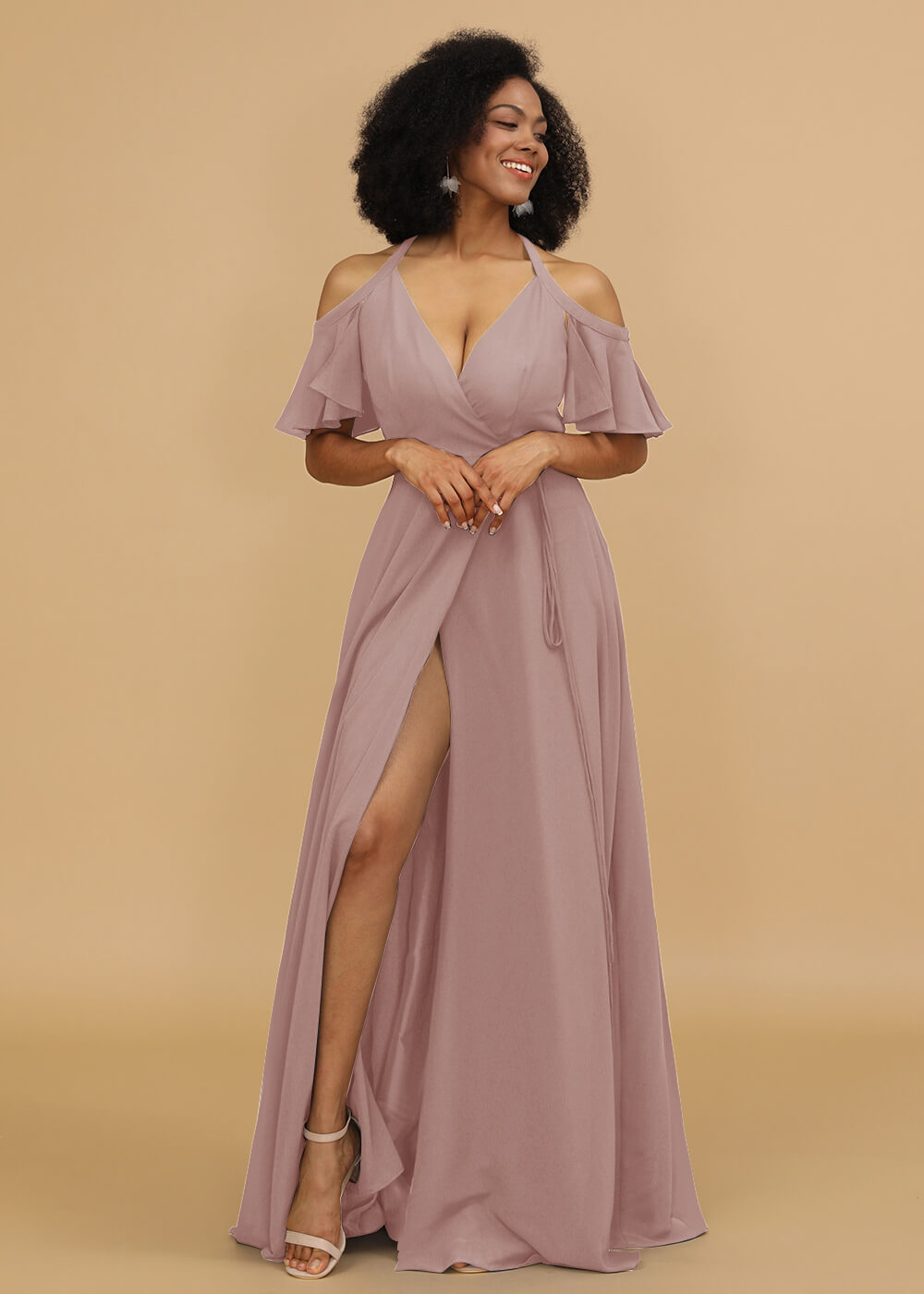 Ruffles Sleeves A-line Wrap Bridesmaid Dress