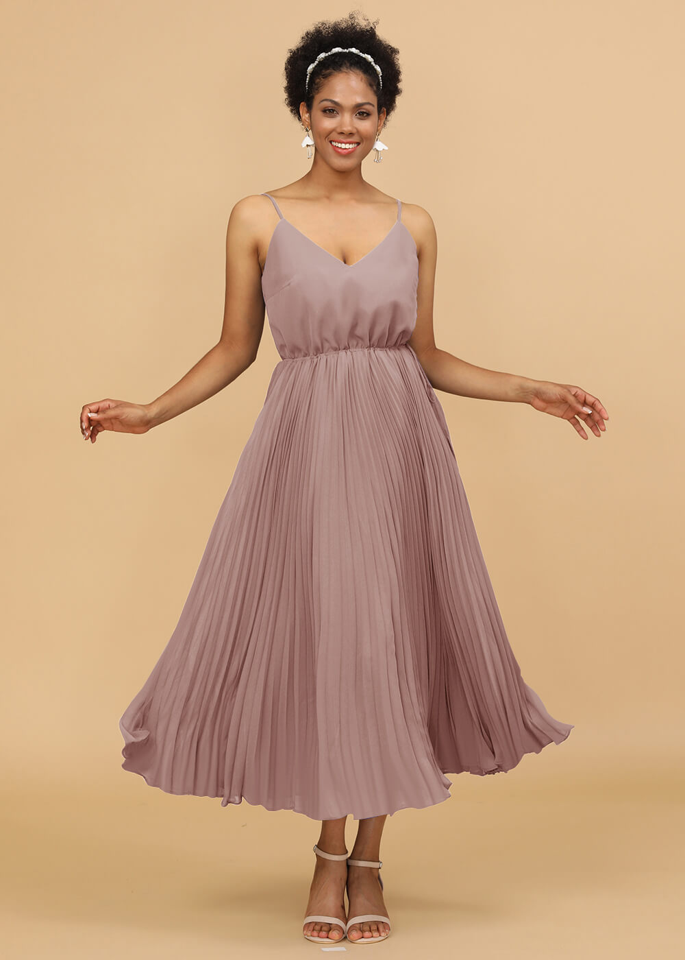 V-neck Spaghetti Strap Tea Length Bridesmaid Dress