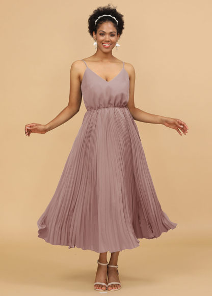 V-neck Spaghetti Strap Tea Length Bridesmaid Dress