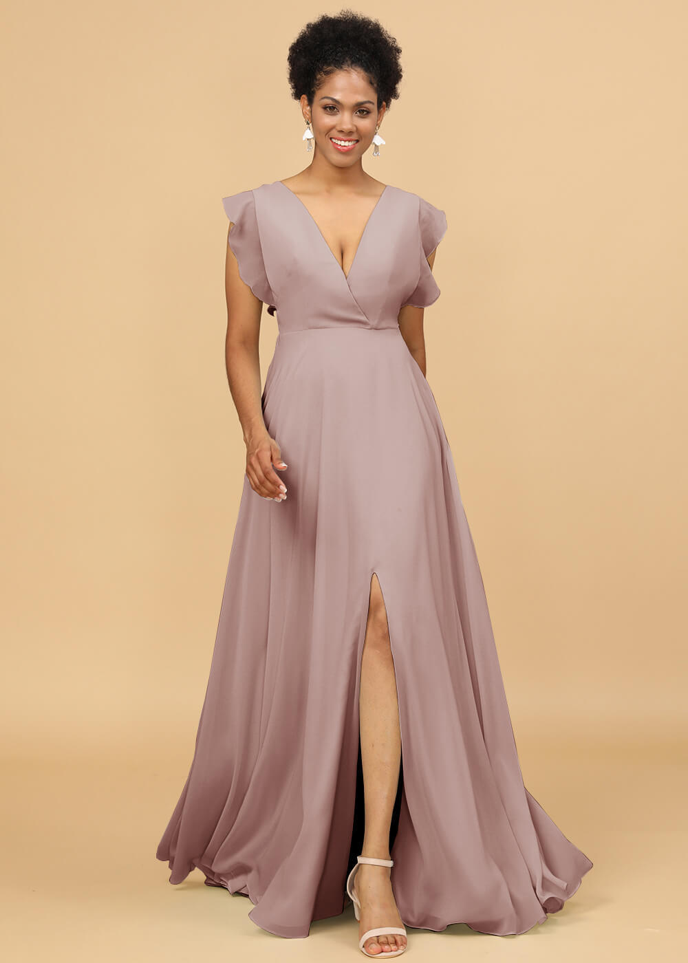 V-neck Ruffles Cap Sleeve Chiffon Bridesmaid Dress