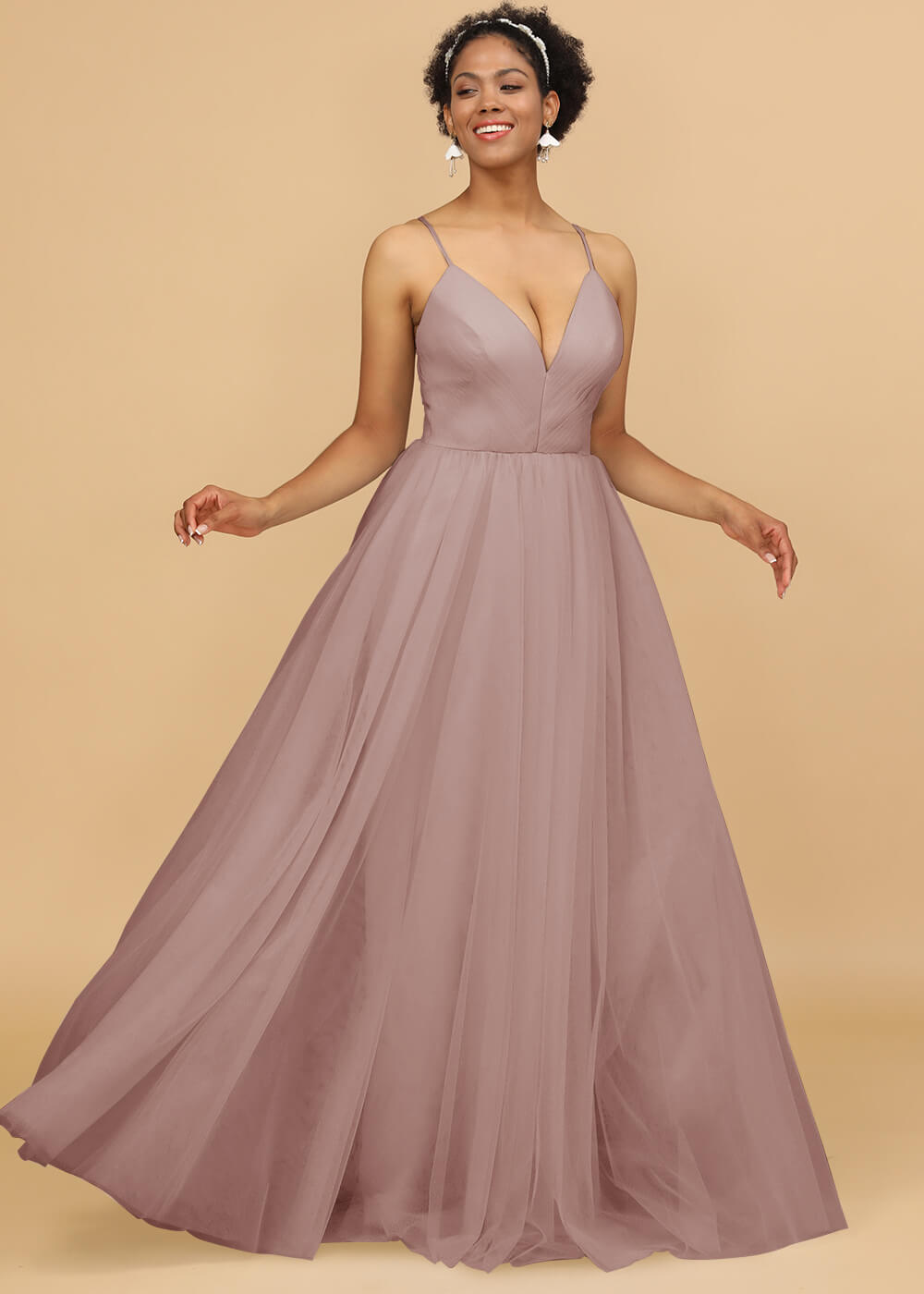 Deep V-neck Strap Tulle Bridesmaid Dress