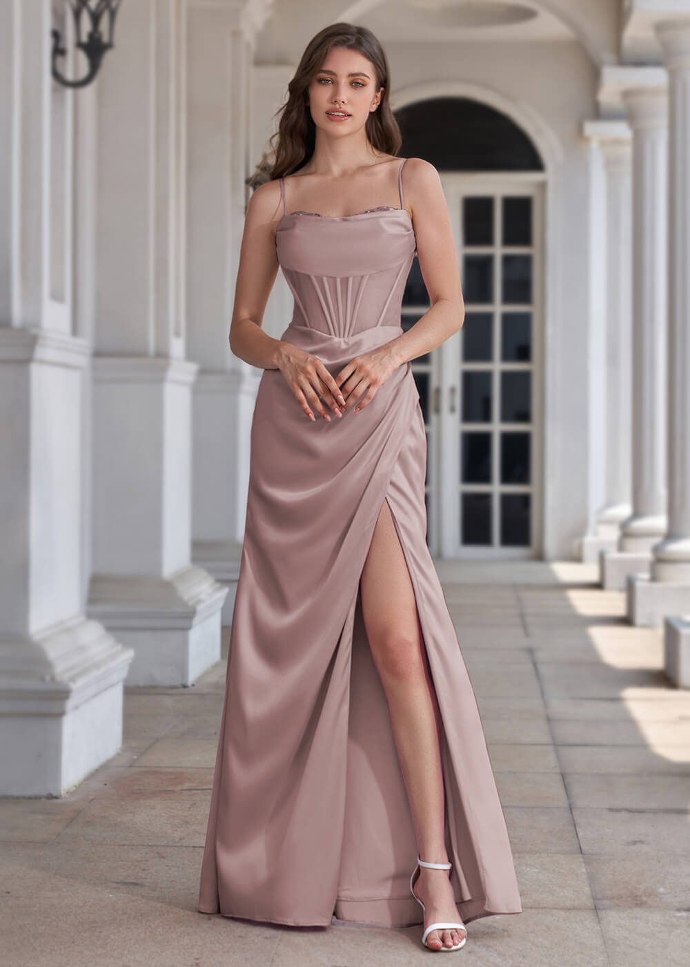 Spaghetti Strap Corset Crepe Sheath Floor Length Bridesmaid Dress