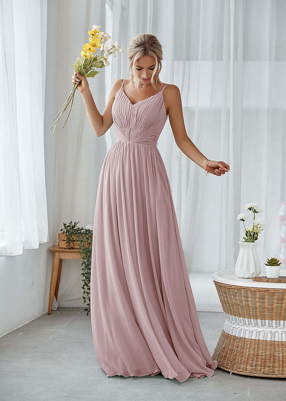 A-line V-neck Pleated Bridesmaid Dress