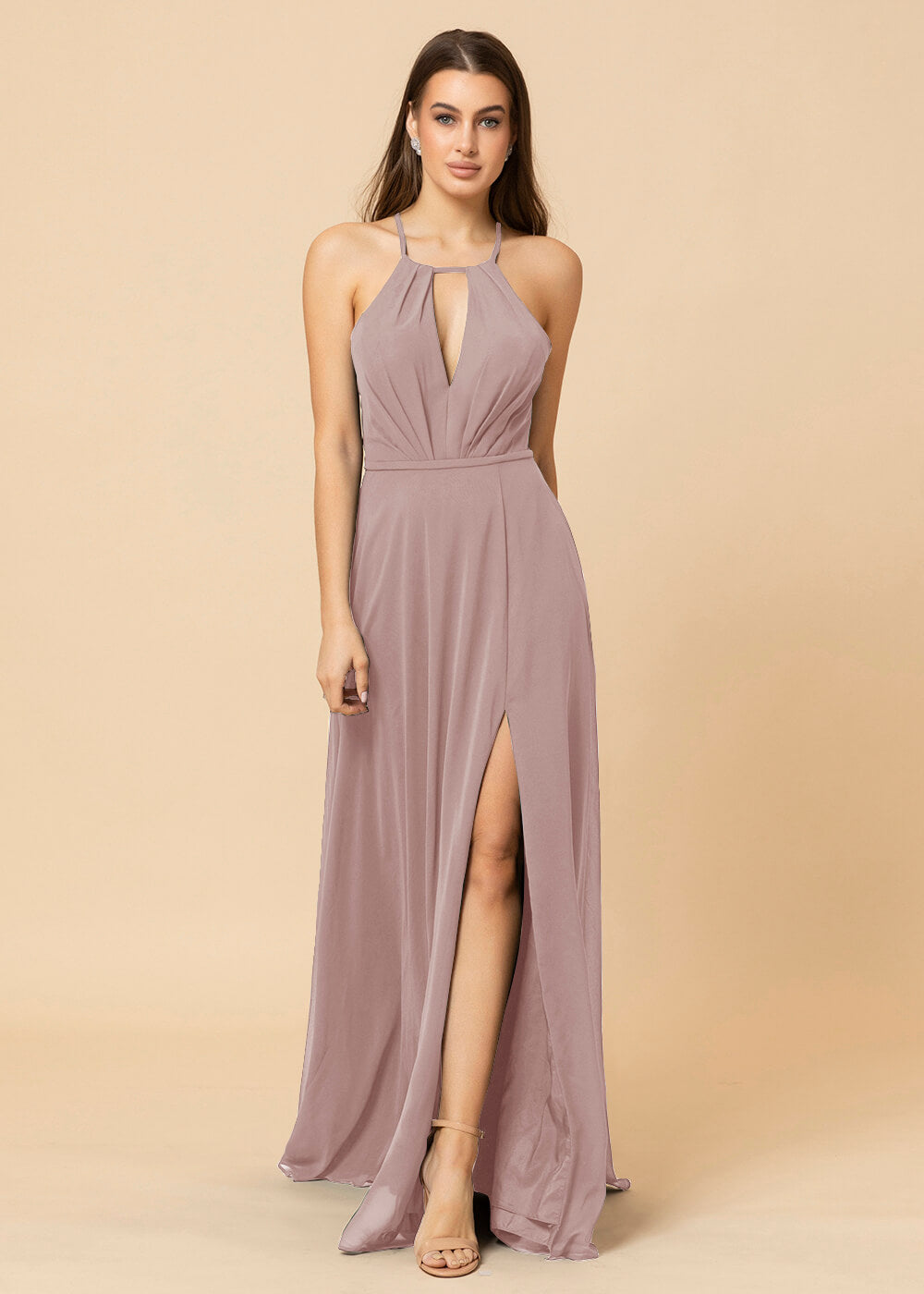 Halter Neck Chiffon Floor Length Bridesmaid Dress