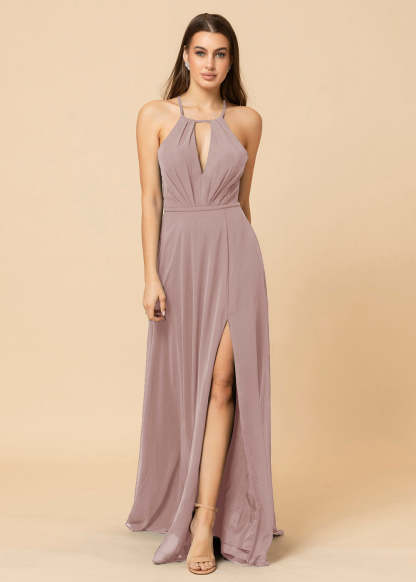 Halter Neck Chiffon Floor Length Bridesmaid Dress