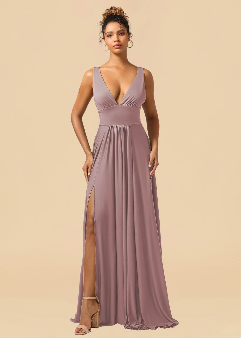 Deep V-neck Spandex A-line Maxi Bridesmaid Dress with Slit