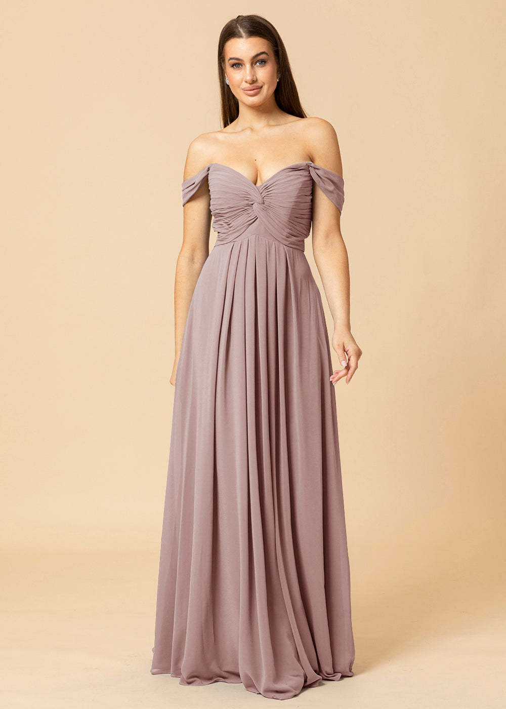 Off the Shoulder Chiffon Maxi Bridesmaid Dress