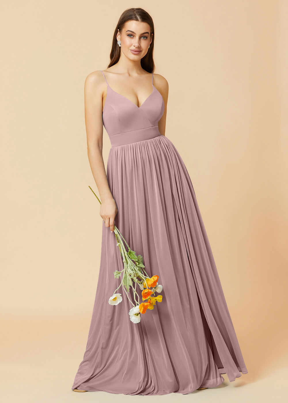 V-neck Spaghetti Strap Open Back Chiffon Bridesmaid Dress