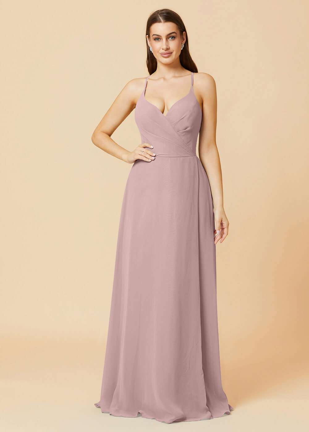 V-neck Spaghetti Strap Button Back Chiffon Bridesmaid Dress