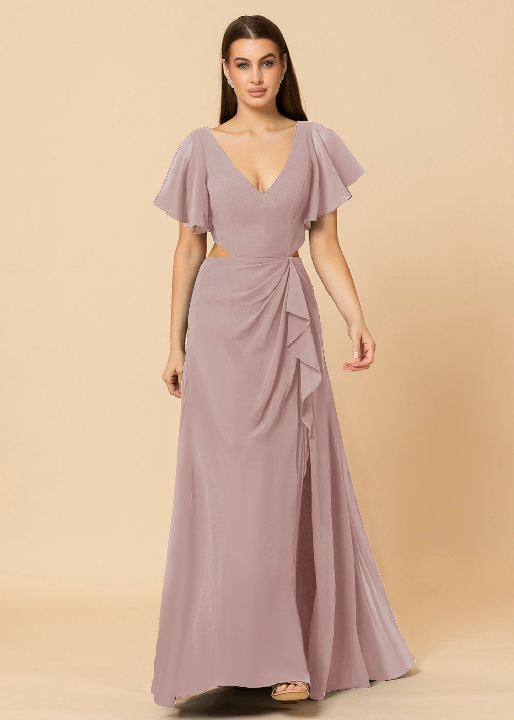 V-neck Waist Cut Out  Floor Length Bridesmaid Dress