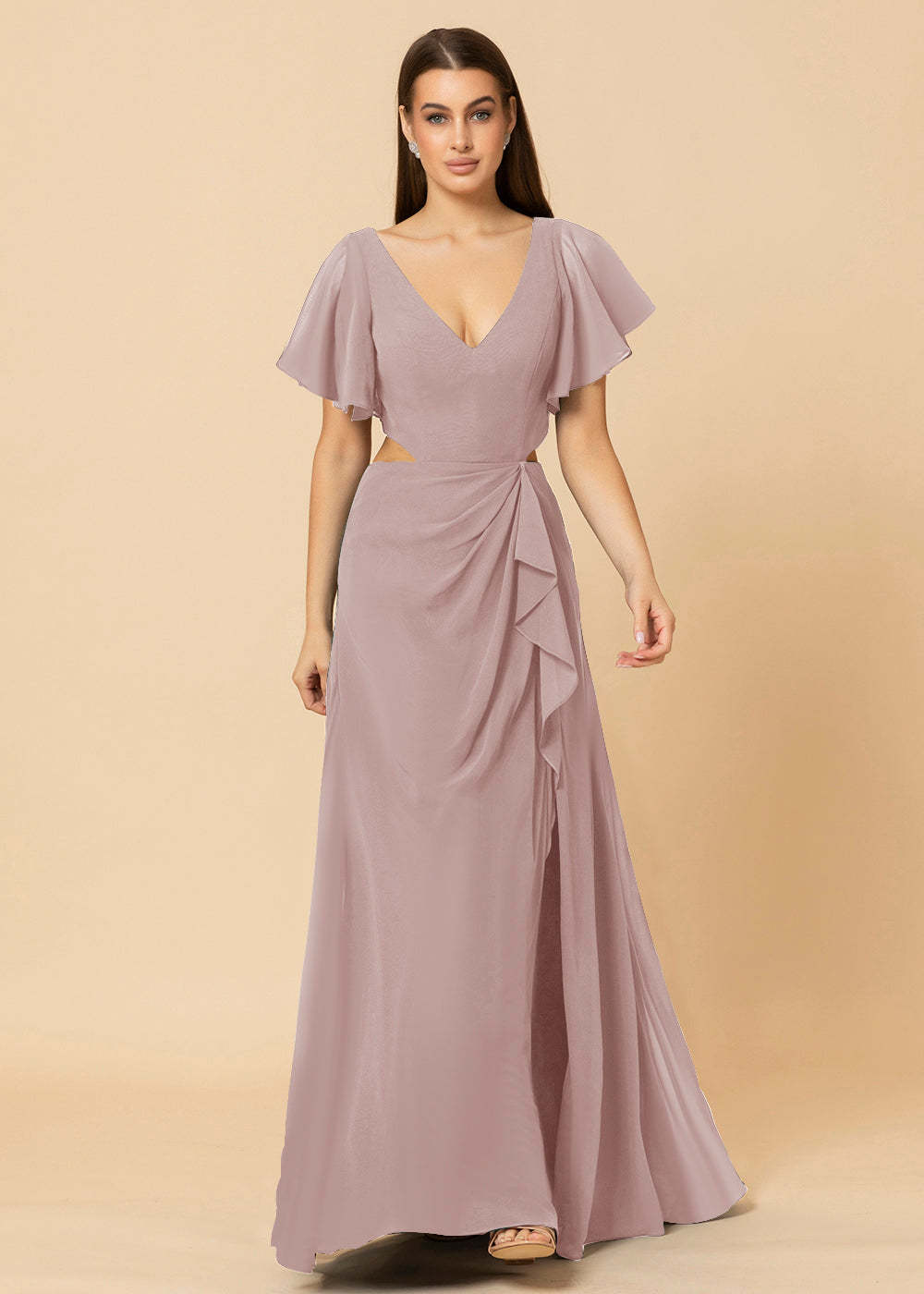 V-neck Waist Cut Out Floor Length Bridesmaid Dress