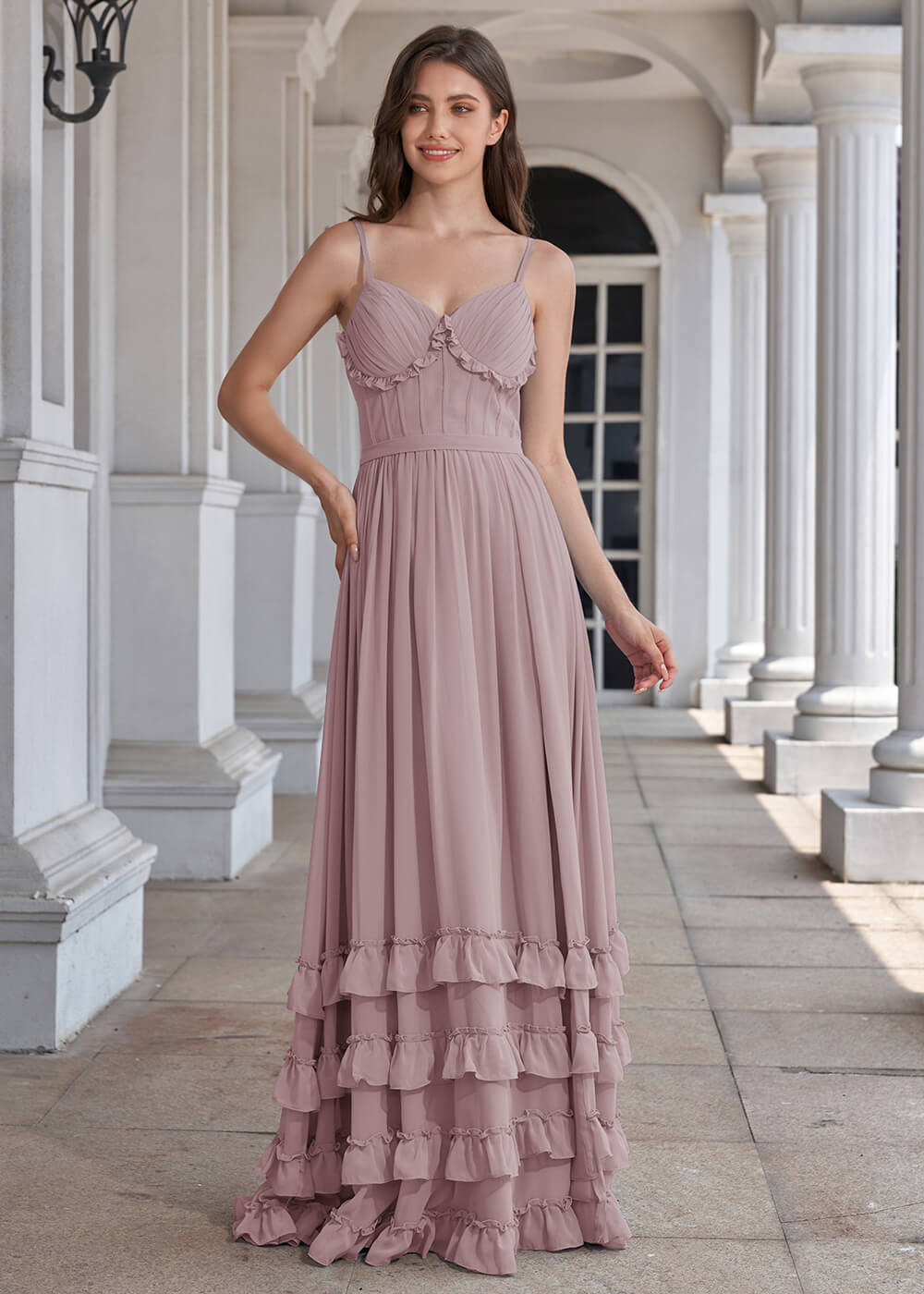 V-neck Open Back A-line Ruffles Chiffon Floor Length Bridesmaid Dress