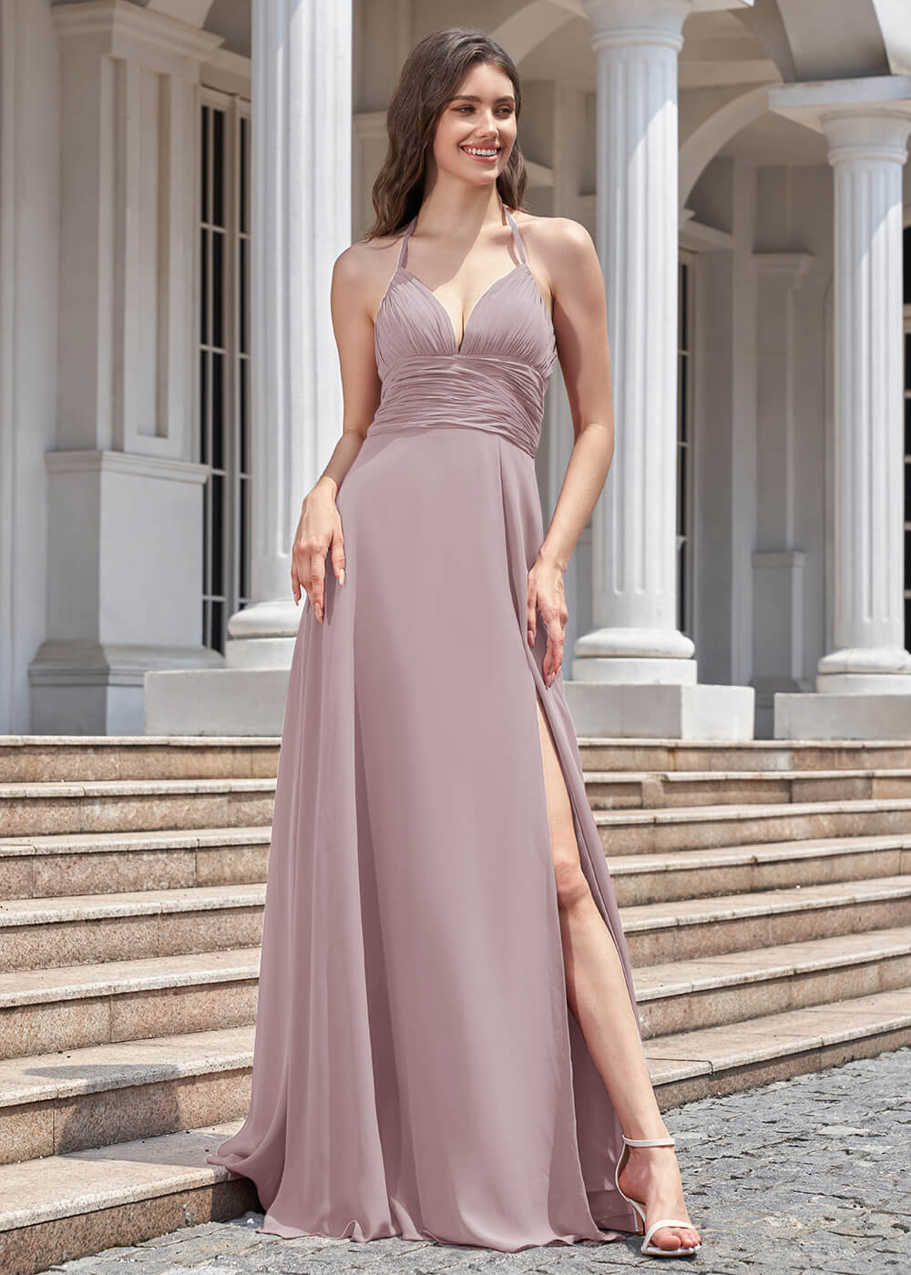 Deep V Halter Neck Pleated A-line Chiffon Long Bridesmaid Dress