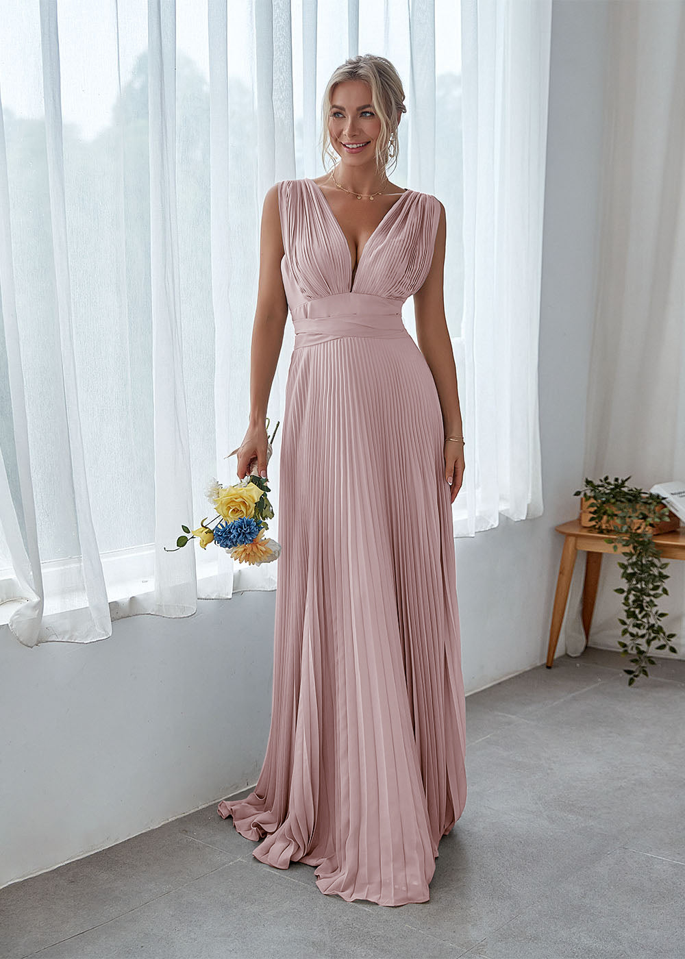 V Back Pleated Bridesmaid Dress