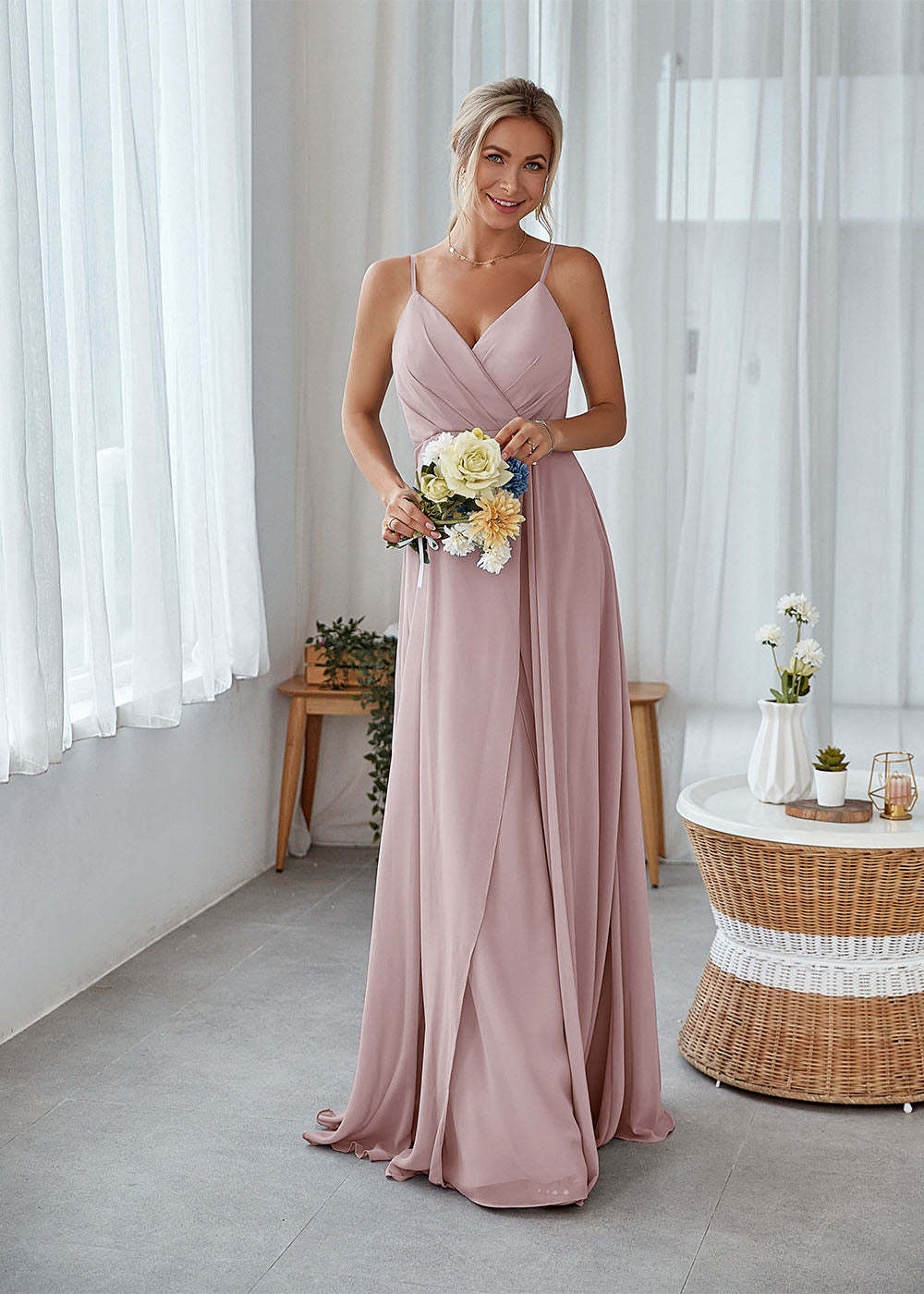 A-line Sleeveless Long Chiffon Bridesmaid Dress