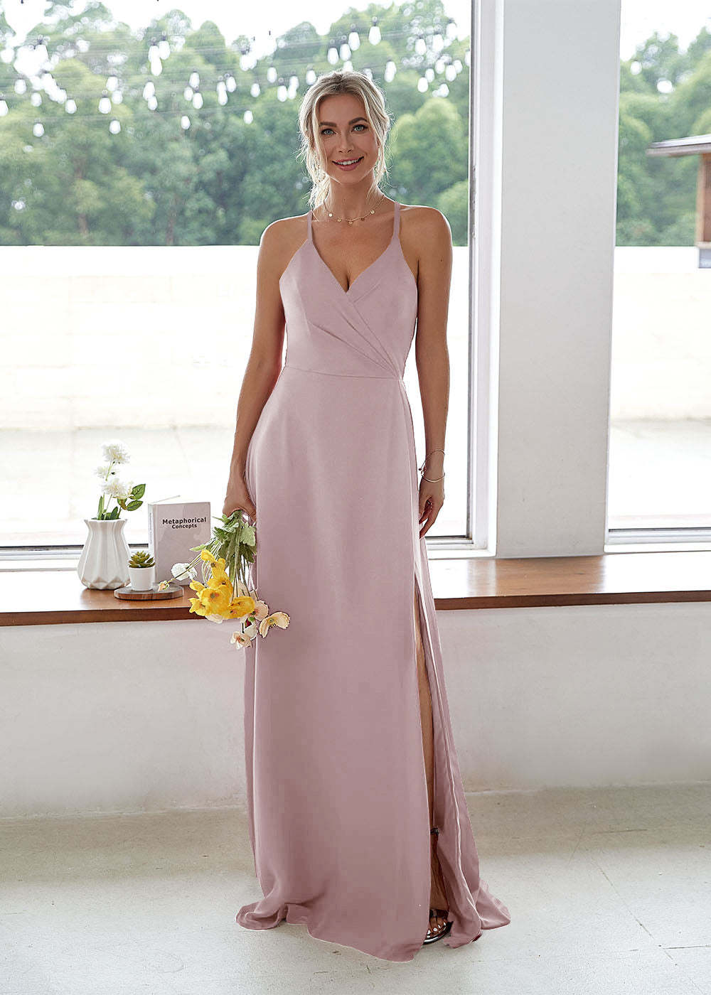 V-neck High Slit Bridesmaid Dress