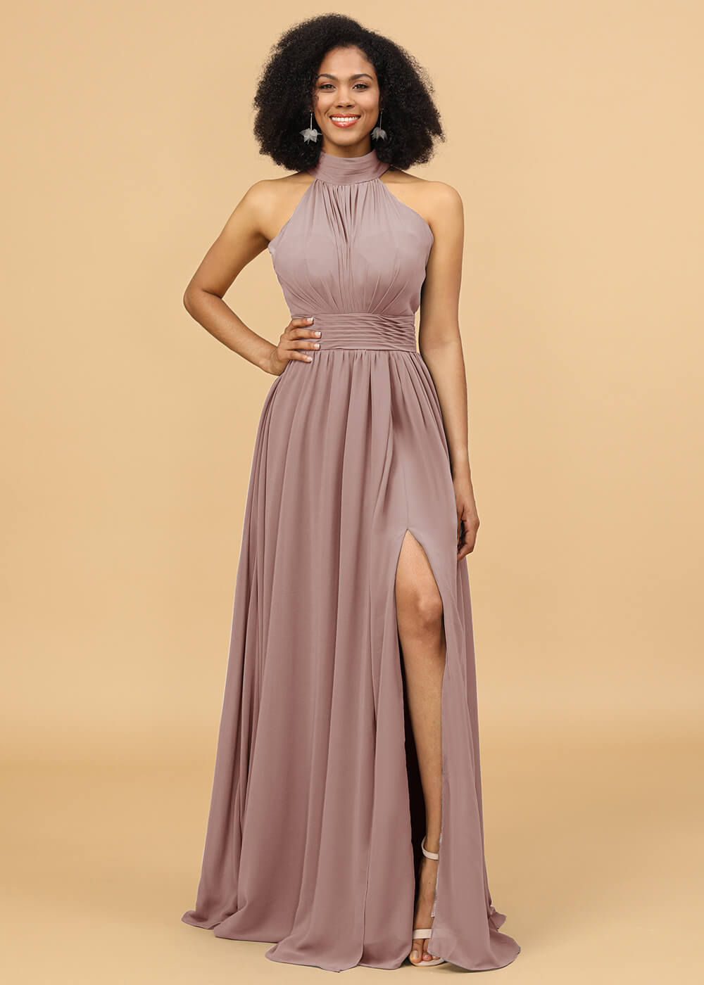 Long Chiffon Halter Bridesmaid Dress