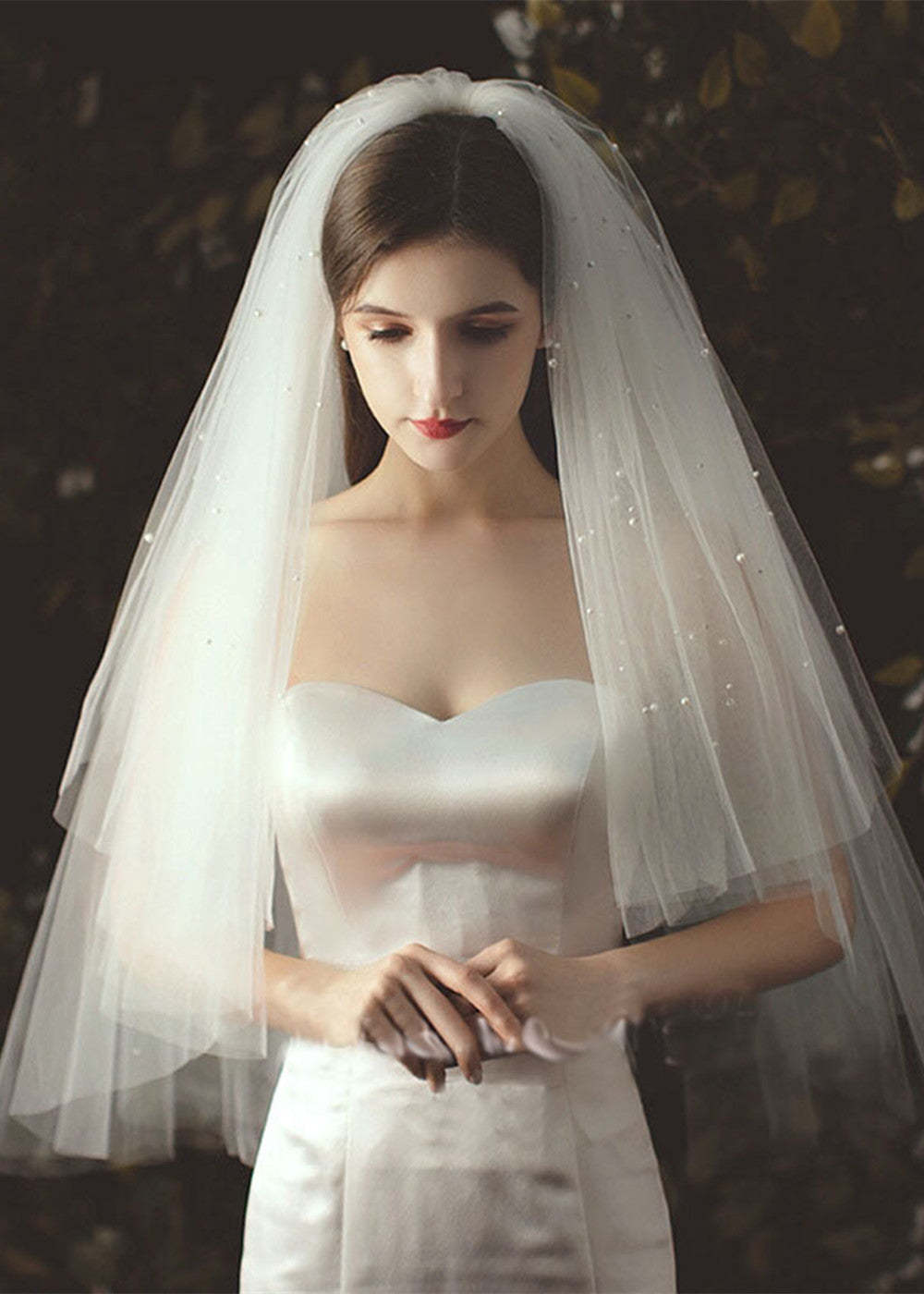 Two-Tier Pearl Beaded Tulle Waist Veils for Wedding
