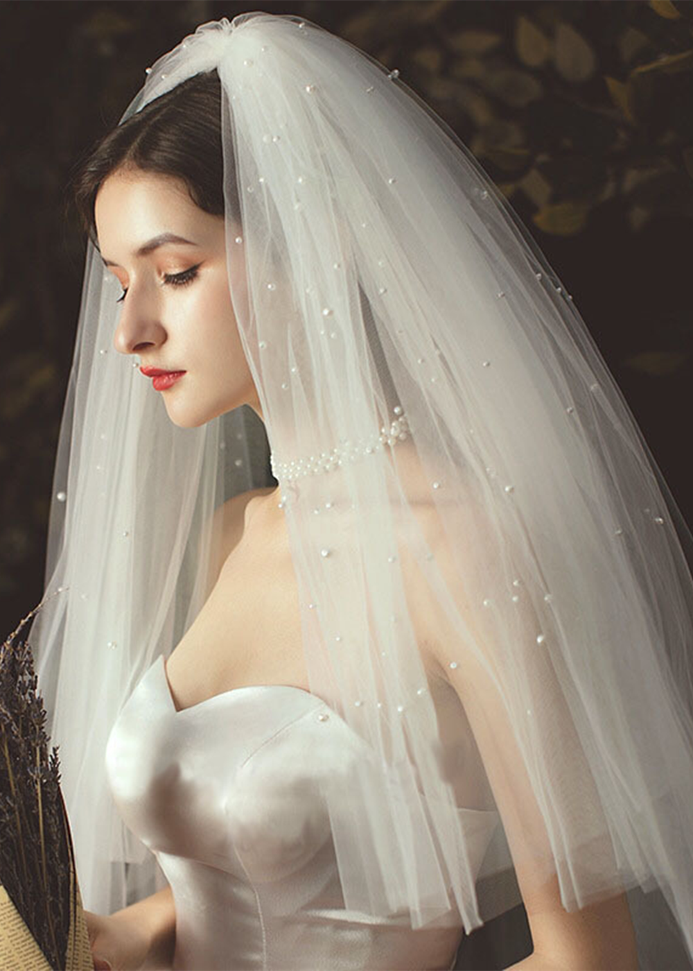 Two-Tier Pearl Beaded Tulle Waist Veils for Wedding