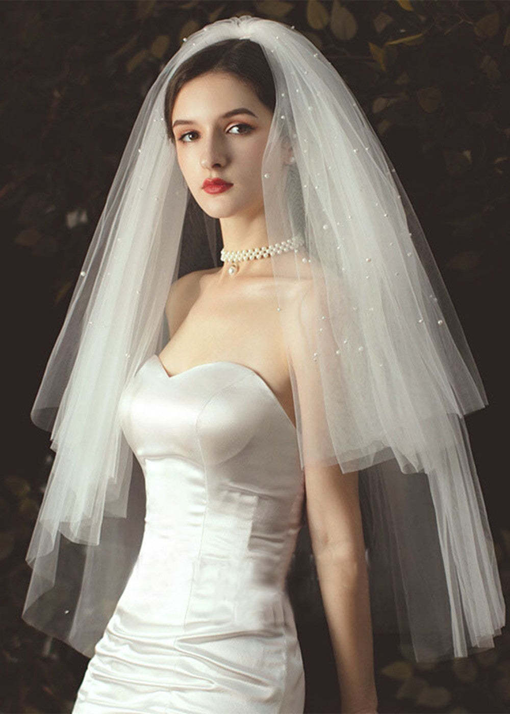 Two-Tier Pearl Beaded Tulle Waist Veils for Wedding