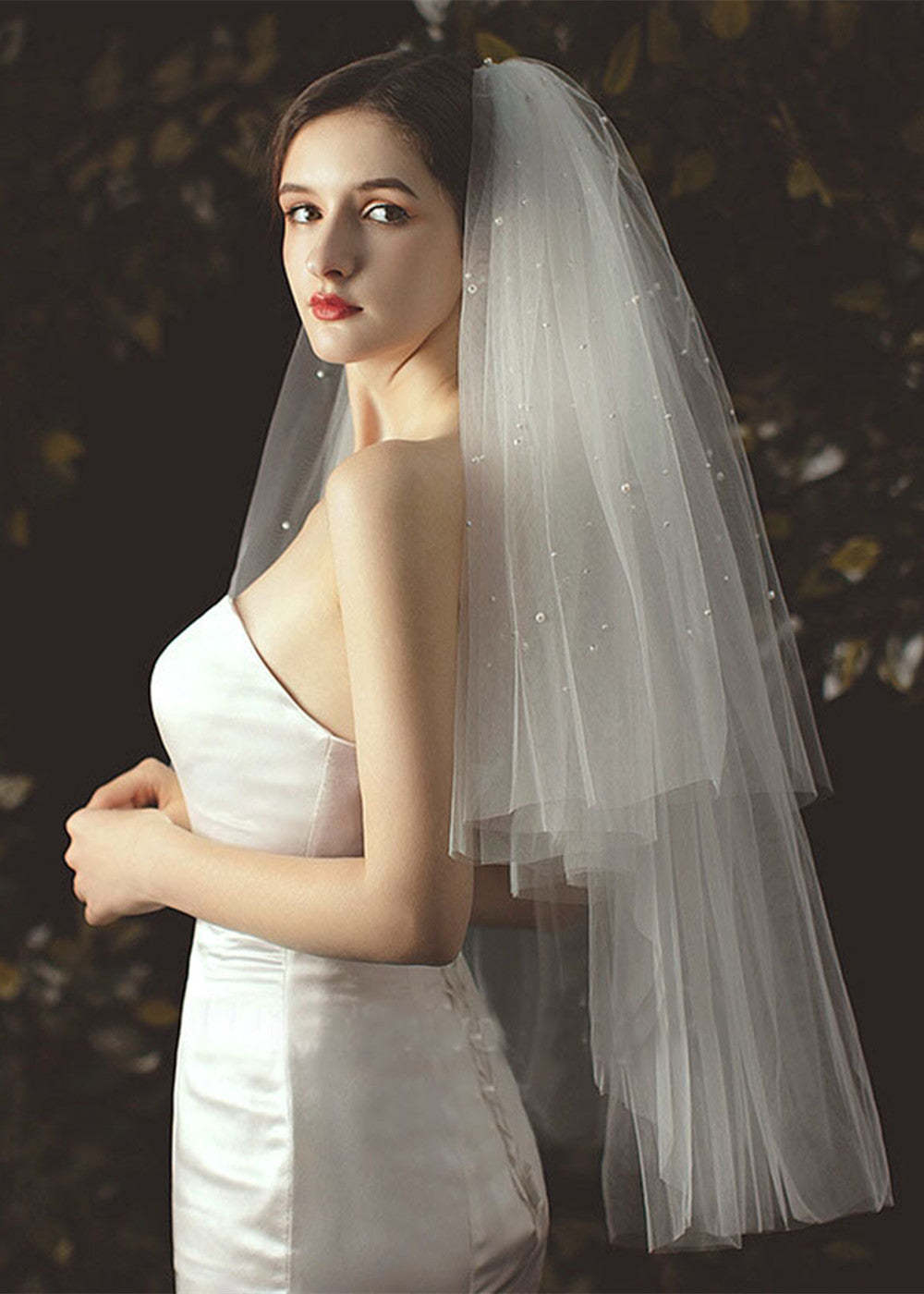 Two-Tier Pearl Beaded Tulle Waist Veils for Wedding
