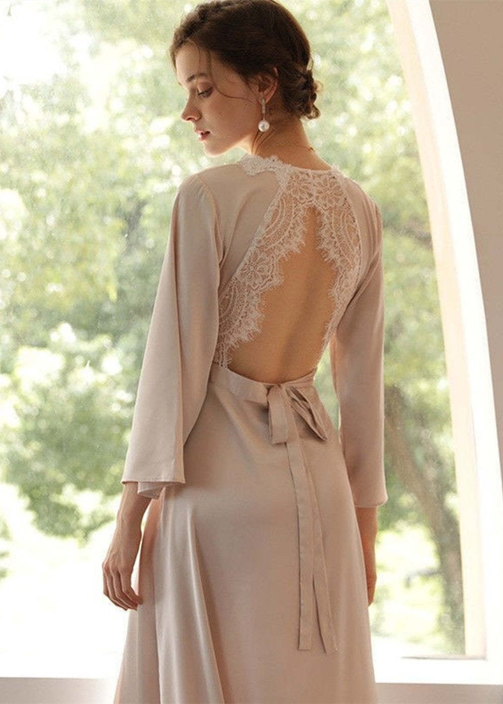 White Backless Lace Long Bridal Brobe