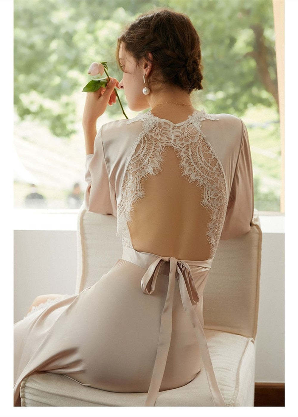 White Backless Lace Long Bridal Brobe