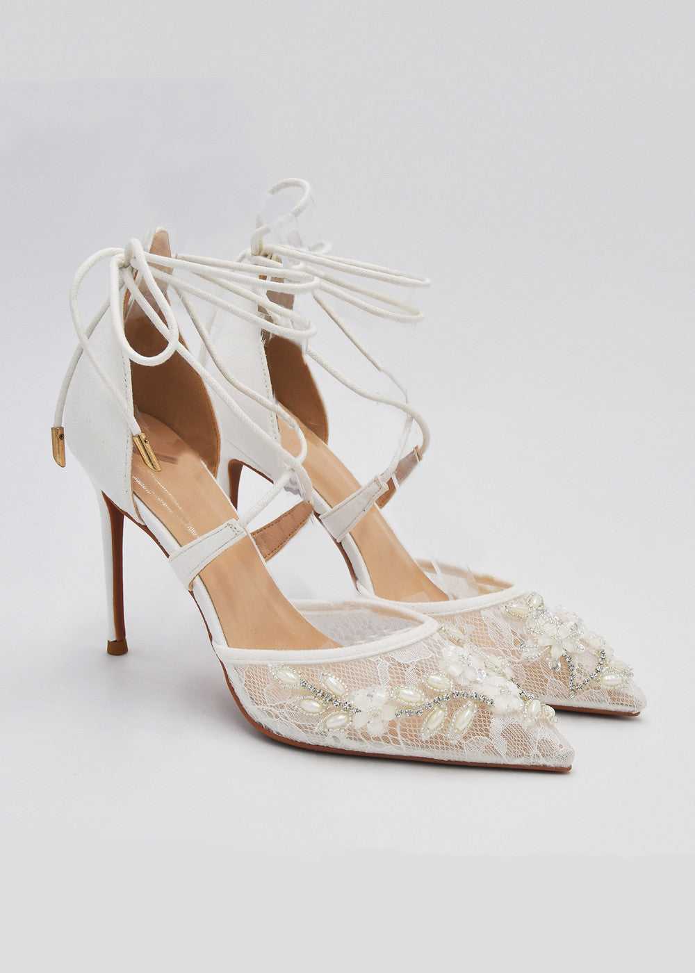 White Stiletto Lace Pearl Design Bridal Shoes Lace-up Wedding Pump