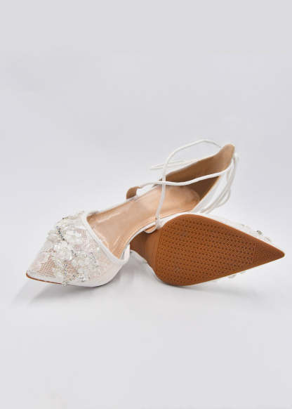 White Stiletto Lace Pearl Design Bridal Shoes