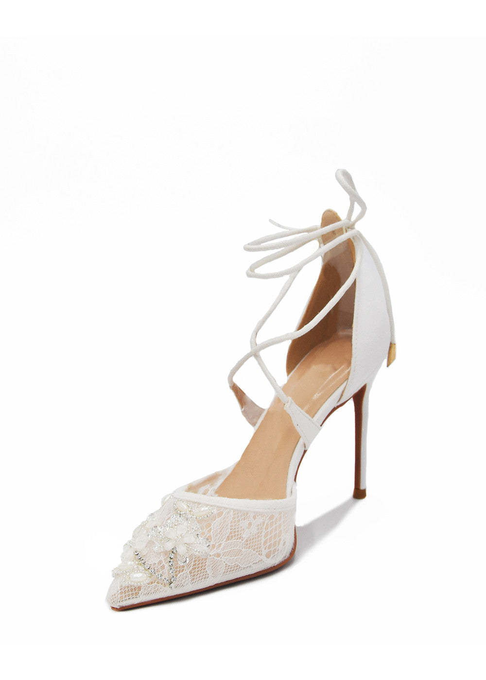 White Stiletto Lace Pearl Design Bridal Shoes