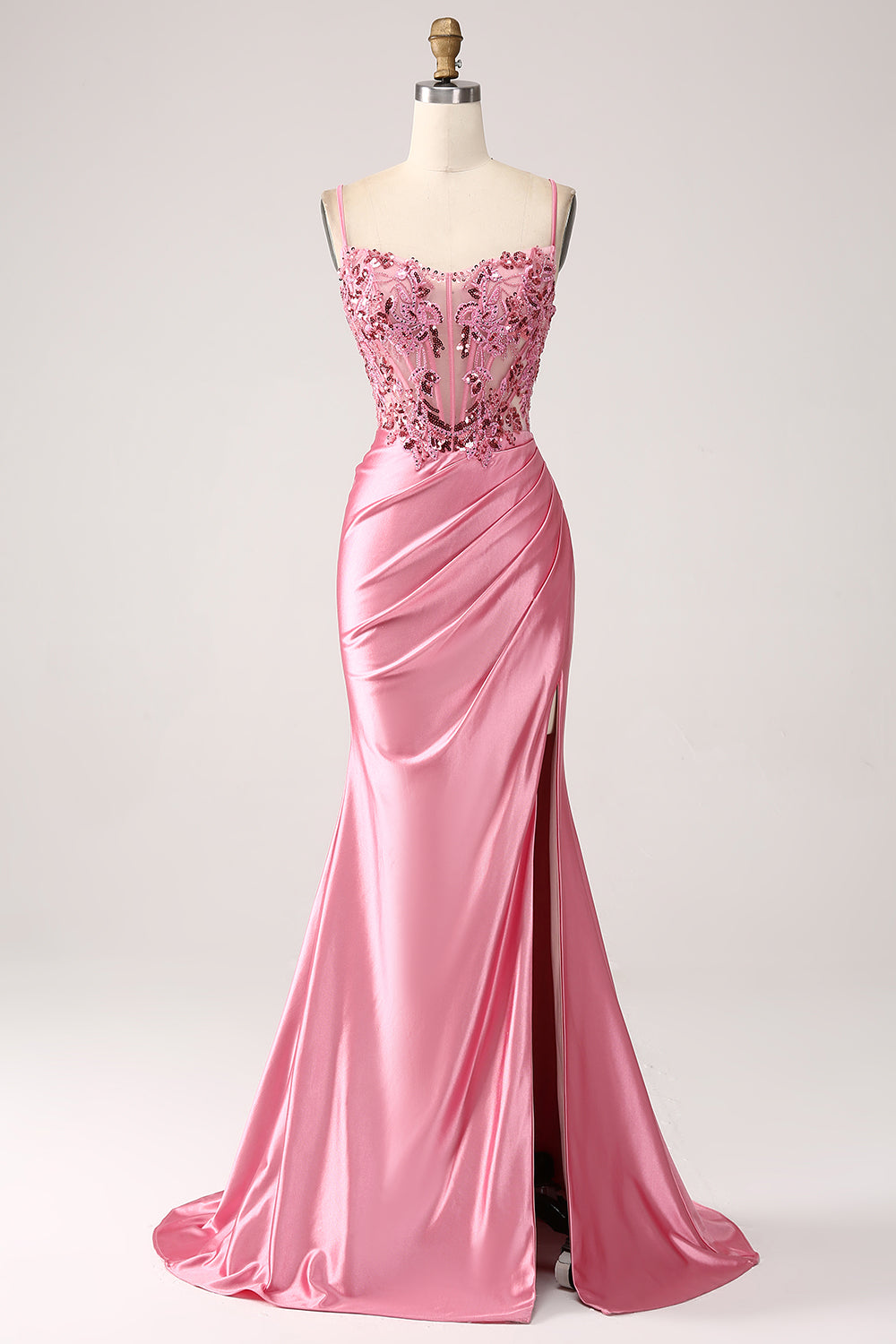 Leely Women Pink Satin Mermaid Corset Prom Dress with Slit Sequins Spaghetti Straps Long Party Dress