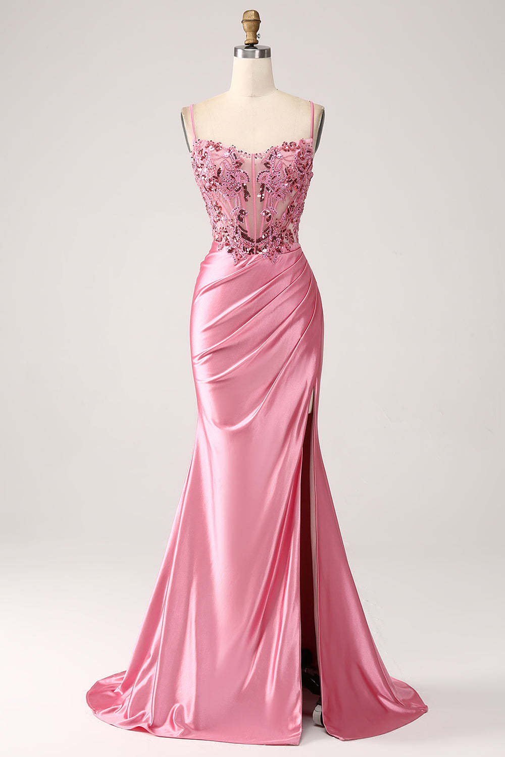 Leely Women Pink Satin Mermaid Corset Prom Dress with Slit Sequins Spaghetti Straps Long Party Dress