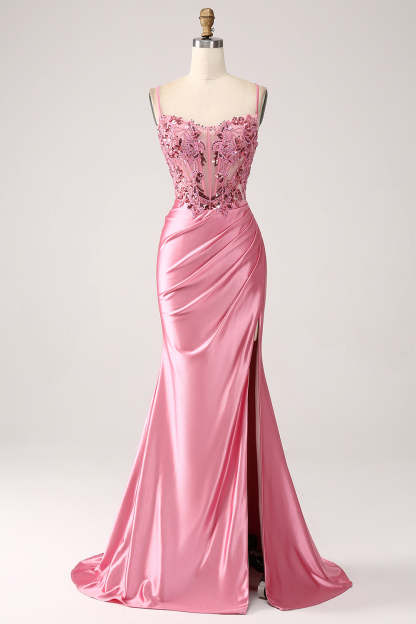 Leely Women Pink Satin Mermaid Corset Prom Dress with Slit Sequins Spaghetti Straps Long Party Dress