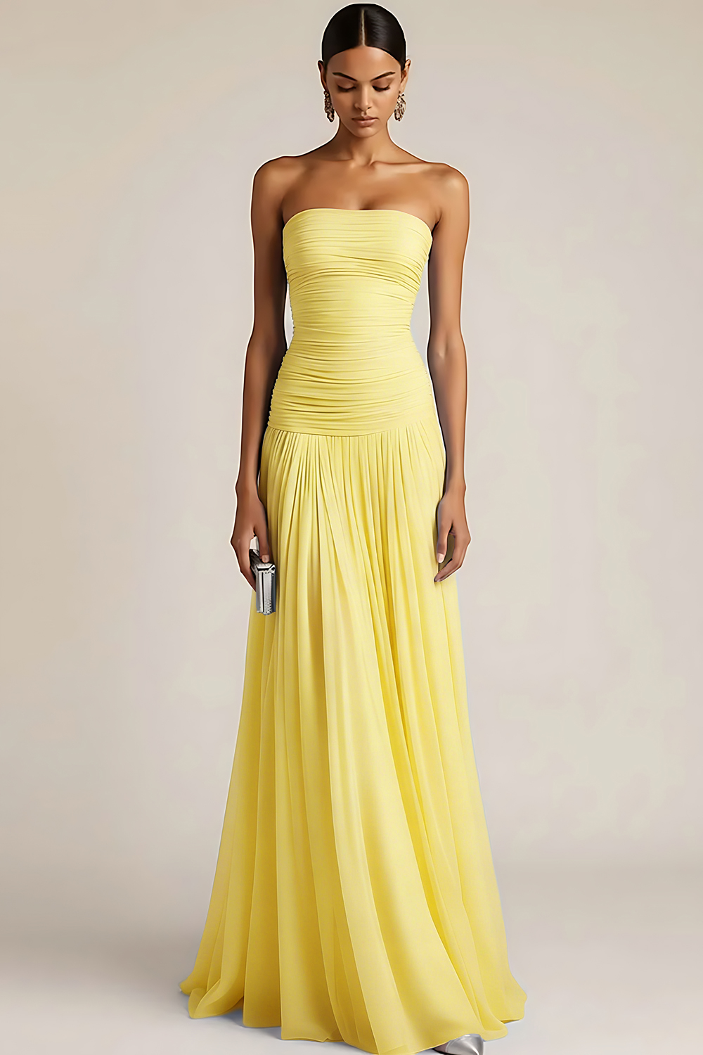 Light Blue Strapless Ruched Maxi Bridesmaid Dress