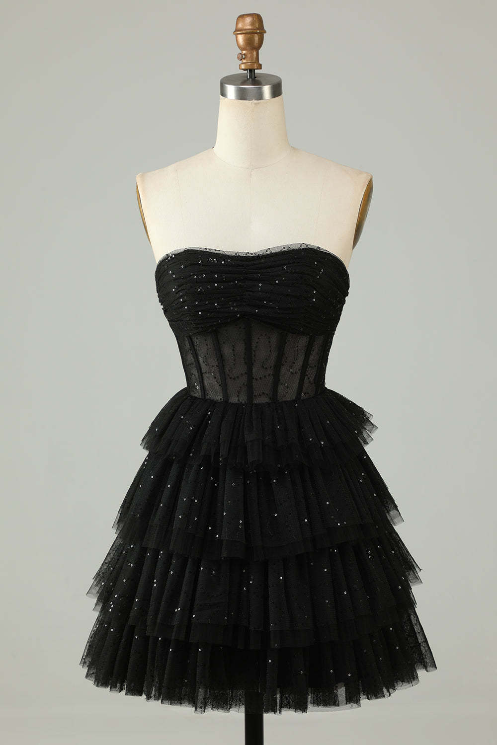 LEELY Women Black Pleated Ruffles Homecoming Dress A Line Strapless Corset Short Party Dress