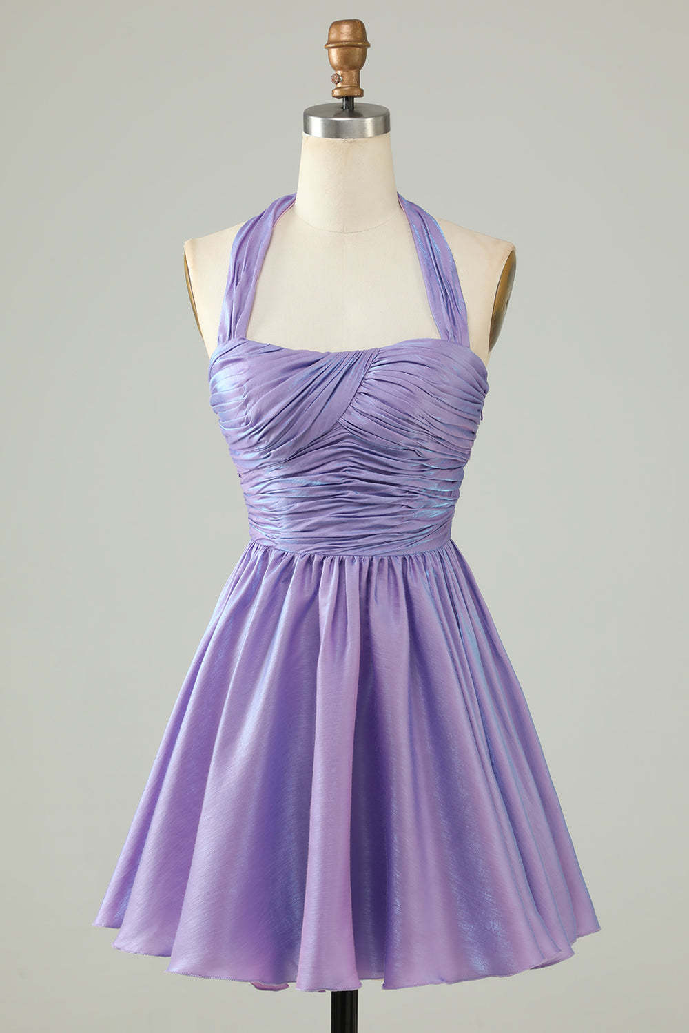 Leely Women Purple Pleated A-Line Homecoming Dress Halter Open Back Sleeveless Short Party Dress