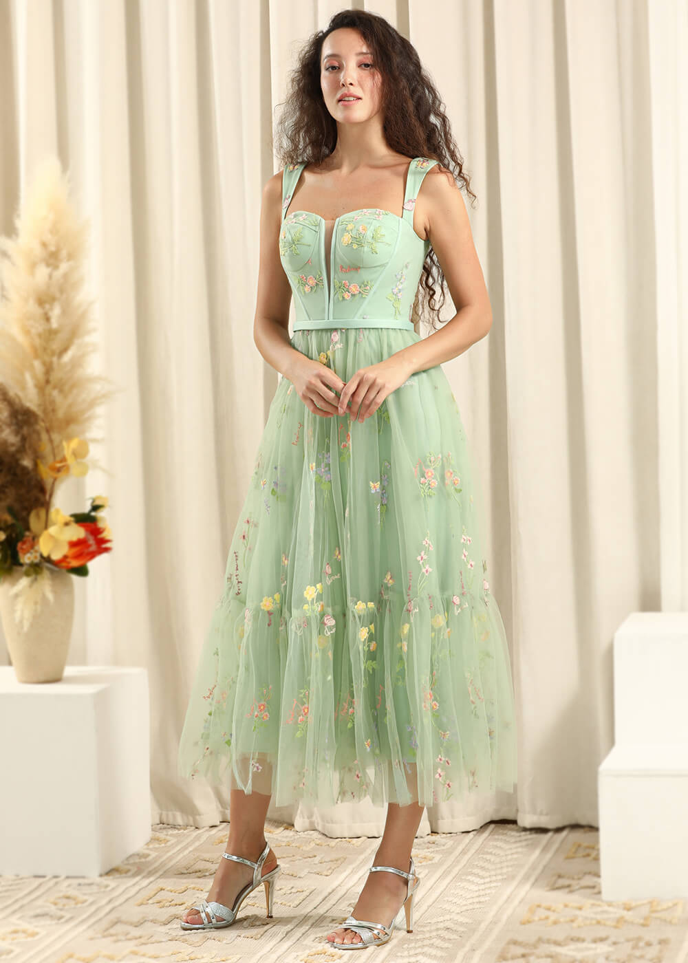 Dusty Sage Square Neck Floral Tulle A-line Tea Length Bridesmaid Dress