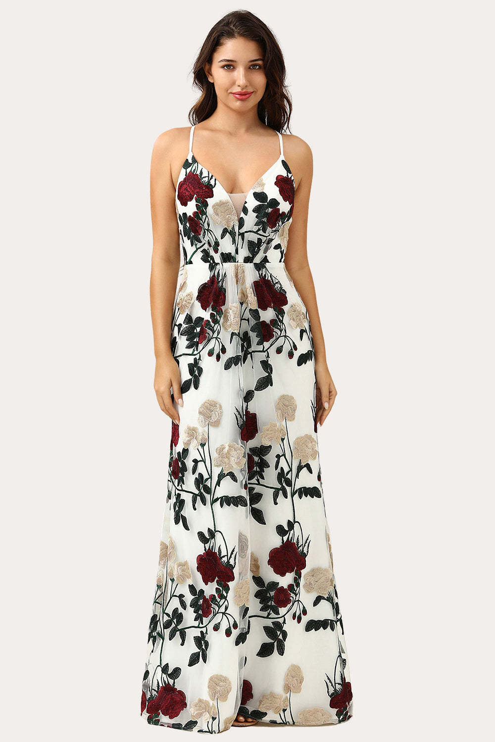 Rose Flower Embroidery White Strap Deep V-neck Bridesmaid Dress