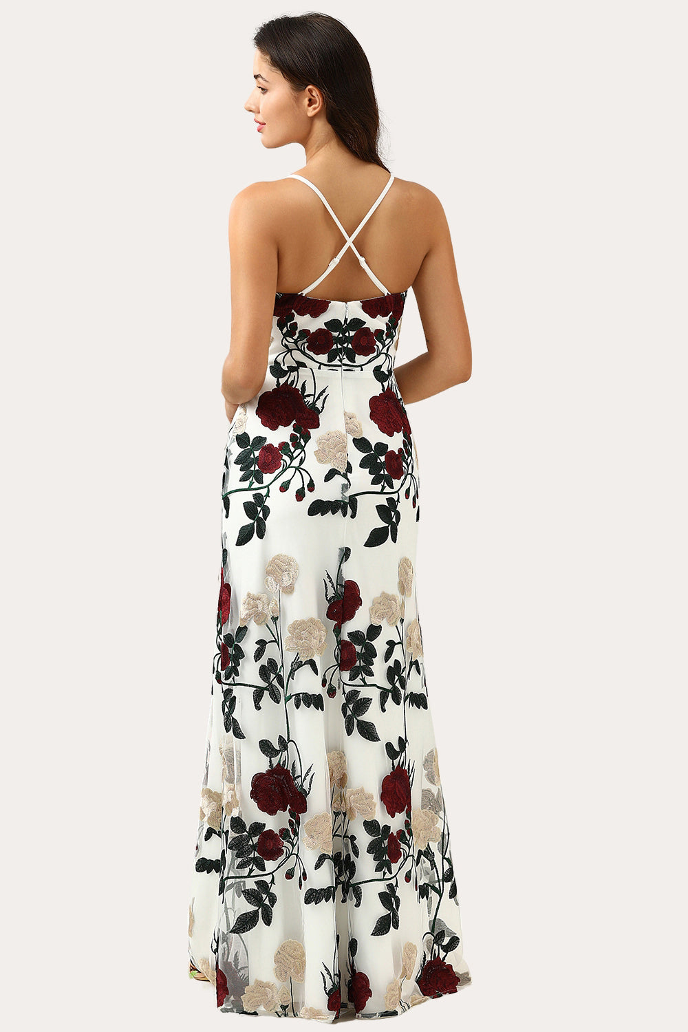 Rose Flower Embroidery White Strap Deep V-neck Bridesmaid Dress