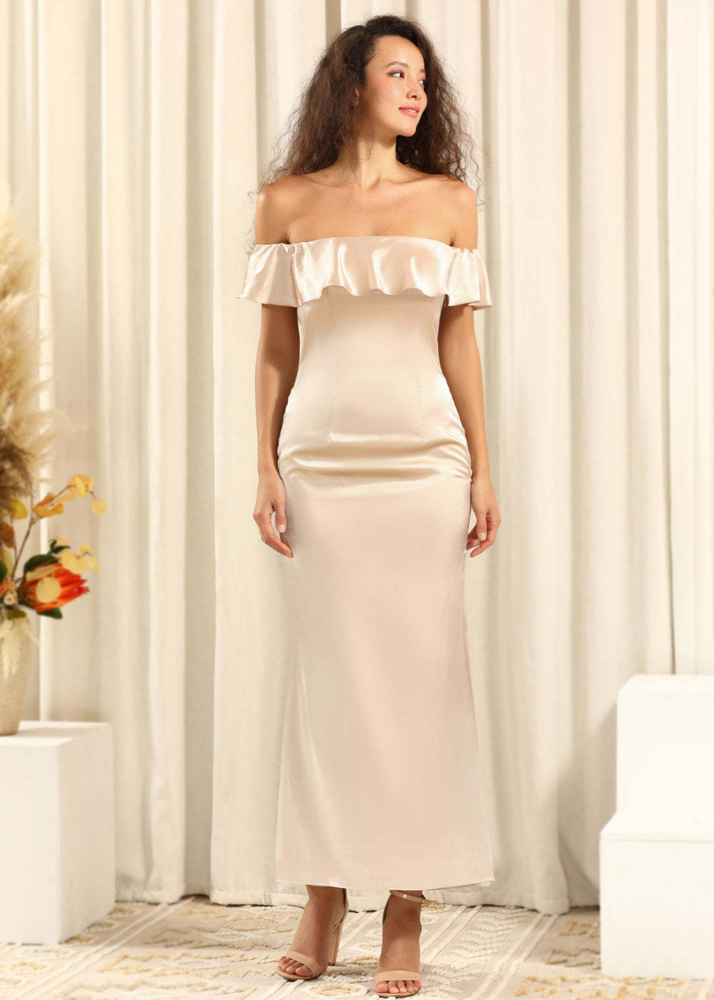 Off The Shoulder Ankle Length Satin Sheath Bridesmaid Dress