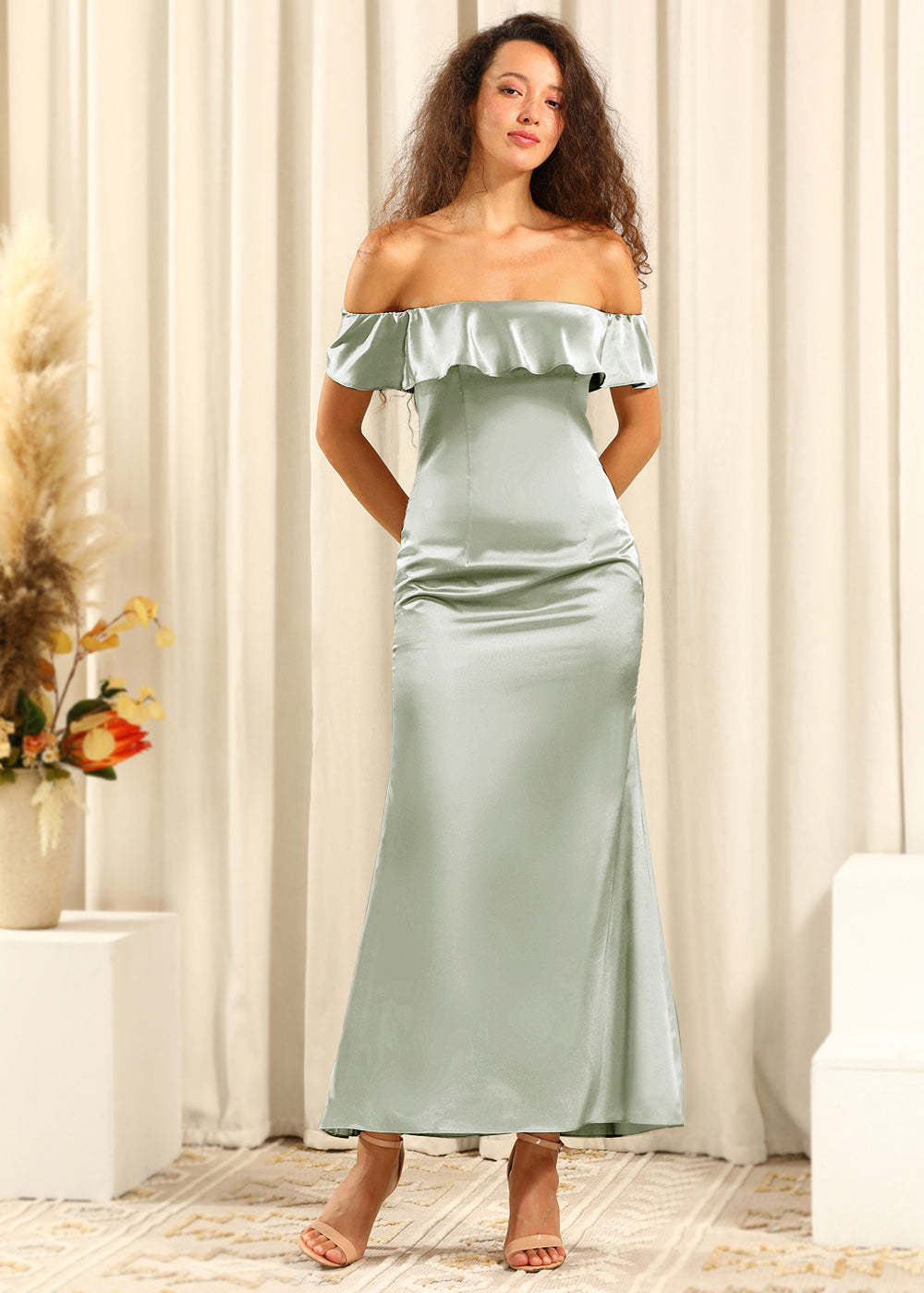 Off The Shoulder Ankle Length Satin Sheath Bridesmaid Dress