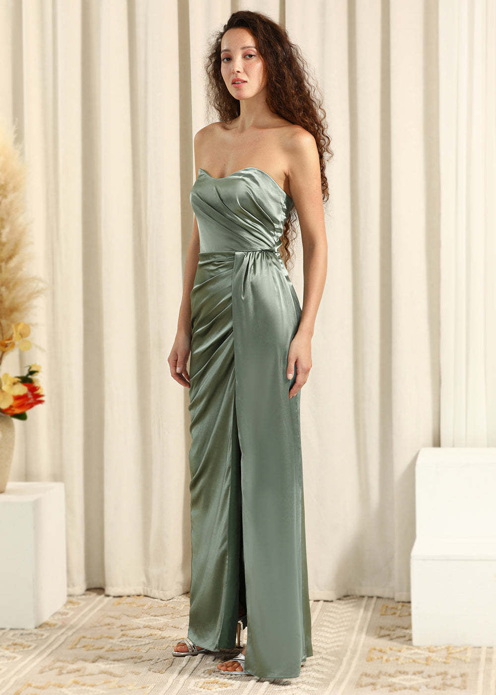 Sweetheart Strapless Satin Sheath Pleated Long Split Bridesmaid Dress